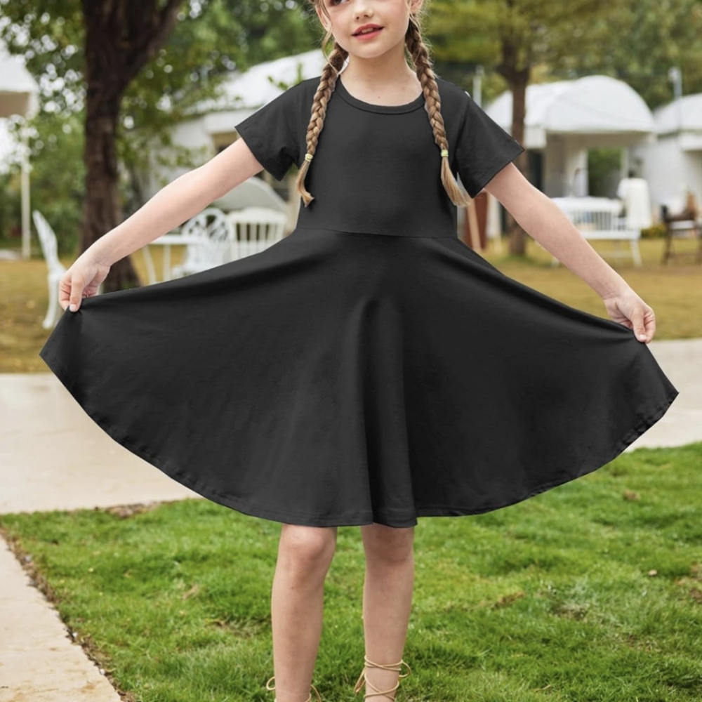 Girls Arshiner Dress Basic Short Sleeve A Line Swing Skater Twirl School Pics